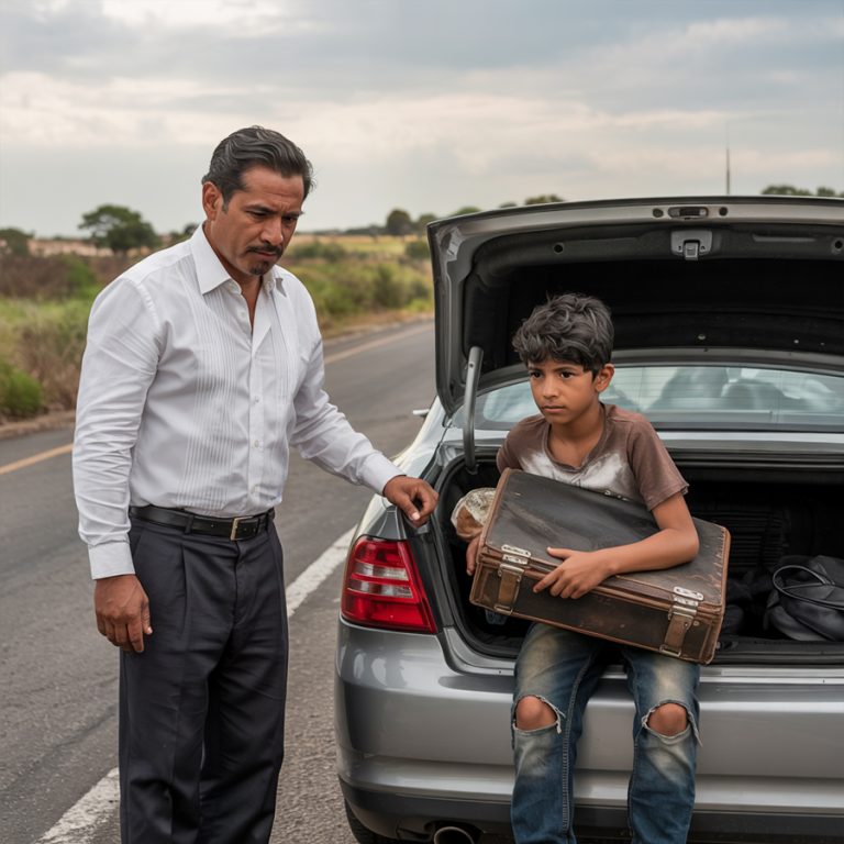En la autopista México–Querétaro, bajo el sol abrasador del mediodía, un hombre frenó bruscamente en el carril de emergencia. Su rostro, normalmente sereno, perdió todo color al escuchar un ruido extraño detrás de él. Cuando abrió la caja de su vieja camioneta, se quedó helado: un niño, que llevaba escondido allí media hora sin que él lo supiera, sostenía en sus manos una fotografía arrugada y gastada.